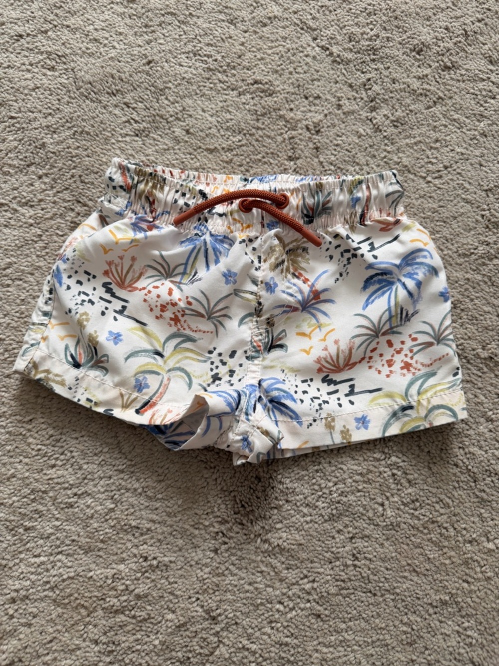 Zara White Tropical Print Kids Swim Trunks with Rust Drawstring